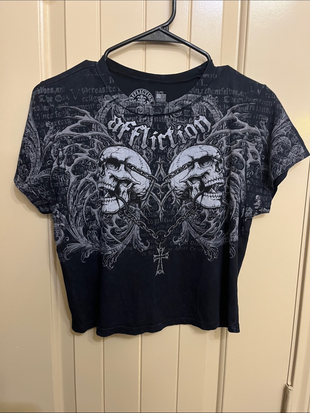 Affliction Black Tee with Silver Fleur-de-Lis Chest Print